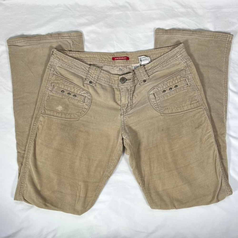 y2k vintage union bay khaki corduroy wide leg pants with studded embellishments